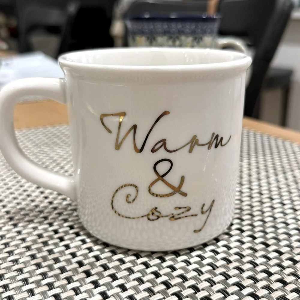 Pottery Barn Warm & Cozy Mug White With Gold Trim Winter Holiday Christmas